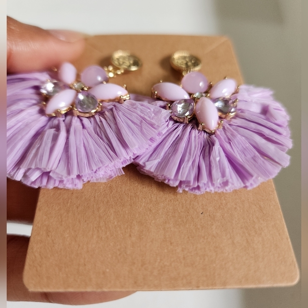 NWOT Paper Purple and Pink Floral Fan Shape Dangling Stud Earrings - Picture 7 of 13